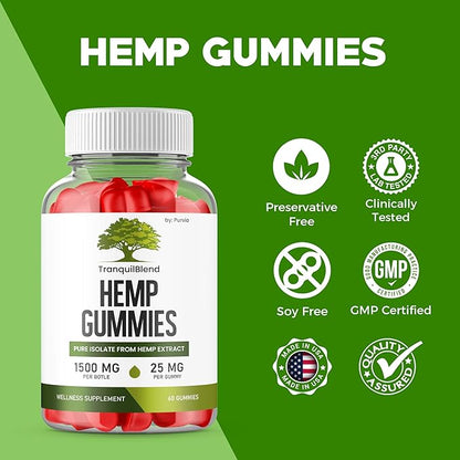 (2 Pack) Tranquil Blend Gummies with Hemp, Tranquil Blend Hemp Gummies Extra Strength Formula Maximum Performance Blend Tranquil Blend Gummy Great Taste 1500mg Bottle, 25mg Per Gummy (120 Gummies)