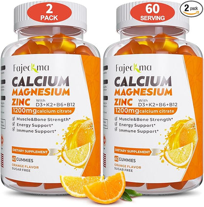 Calcium Magnesium Zinc Gummies for Adult: 1200mg Calcium Citrate with Vitamin D3 K3 - Natural Organic Sugar Free High Absorption Supplement for Women Men Kids(120Count)