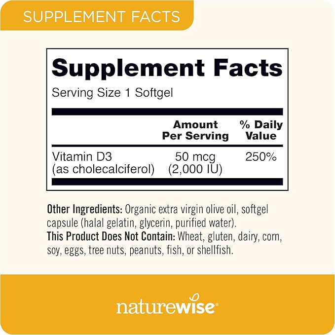 NatureWise Vitamin D3 2000iu (50 mcg) 200-Day Supply for Immune Support, Healthy Muscle Function, and Bone Health - Non-GMO, Gluten Free in Organic Extra Virgin Olive Oil, (Mini Softgel), 200 Count