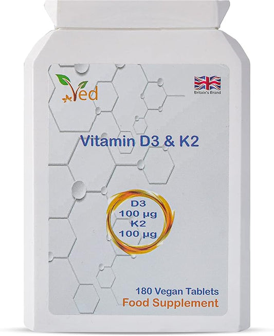 VED Vitamin D3 K2| 100 mcg Vitamin D3 & 100 mcg Vitamin K2| Max Strength 2 in 1 Immune Support | Vegan, Gluten| 180 Vegan Tablets|6 Month Supply