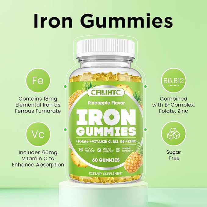 Iron Gummies for Adults & Kids - Iron Supplement with Vitamin B6, B12, C, Zinc, Folate for Women & Men - Support Iron Deficiency, Anemia, Energy Boost, Blood Builder - Sugar Free Vegan 60ct Pineapple