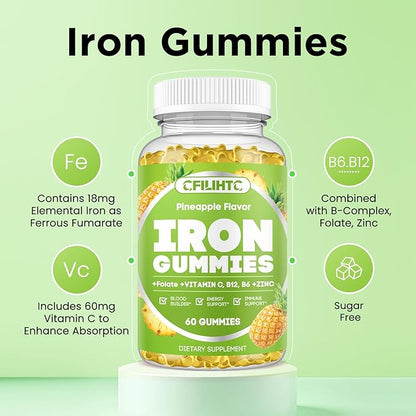 Iron Gummies for Adults & Kids - Iron Supplement with Vitamin B6, B12, C, Zinc, Folate for Women & Men - Support Iron Deficiency, Anemia, Energy Boost, Blood Builder - Sugar Free Vegan 60ct Pineapple