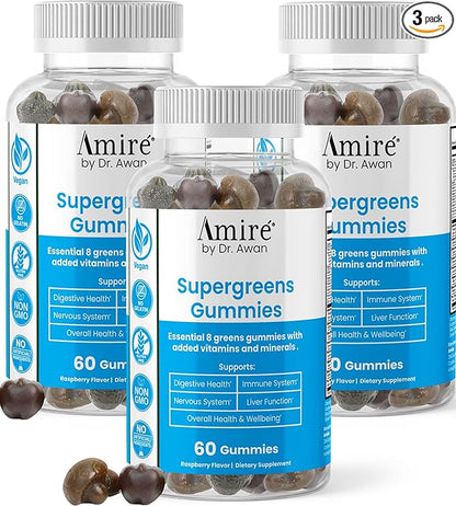 by Dr. Awan Super Greens Gummies, Fruits & Veggies Supplement, Green Superfood for Immunity, Metabolism, Liver Function & Nervous System, Essential 8 Greens, 180ct, 90-Day Supply
