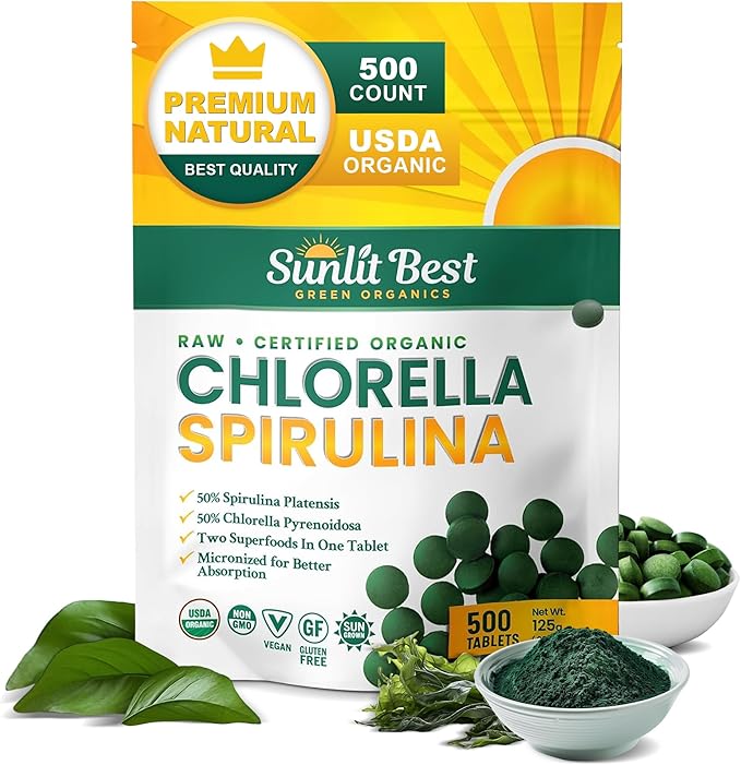 Sunlit Best Chlorella Spirulina Tablets - Organic USDA, Premium Spirulinas and Chlorella Capsules 500 Pills - Chlorellas Natural Superfood with Spirulina Algae, Enzymes Chlorophyll & Vegan Protein