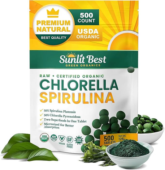 Sunlit Best Chlorella Spirulina Tablets - Organic USDA, Premium Spirulinas and Chlorella Capsules 500 Pills - Chlorellas Natural Superfood with Spirulina Algae, Enzymes Chlorophyll & Vegan Protein