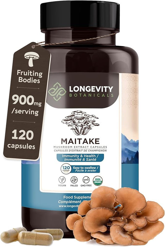 Longevity Botanicals Organic Maitake Mushroom Extract Capsules (120) | Concentrated 10:1 Ratio | 100% Fruiting Bodies | Grifola frondosa Natural Supplement for Gut Health & Immunity Support