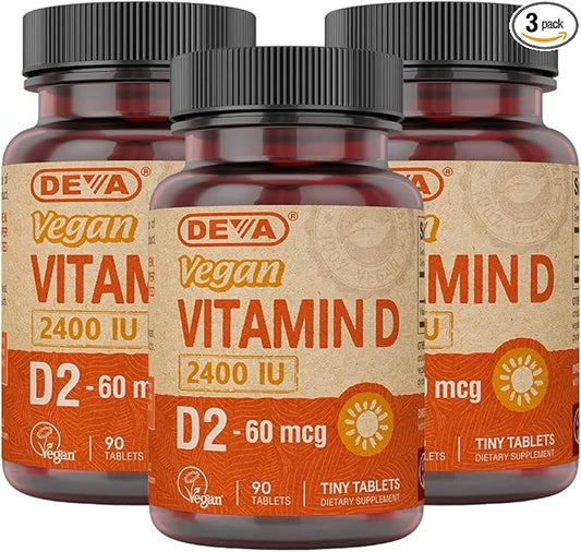 DEVA Vegan Vitamin D2 60 mcg 2400 IU, Ergocalciferol Supplement with No Animal Ingredients, 90 Tablets (Pack of 3)
