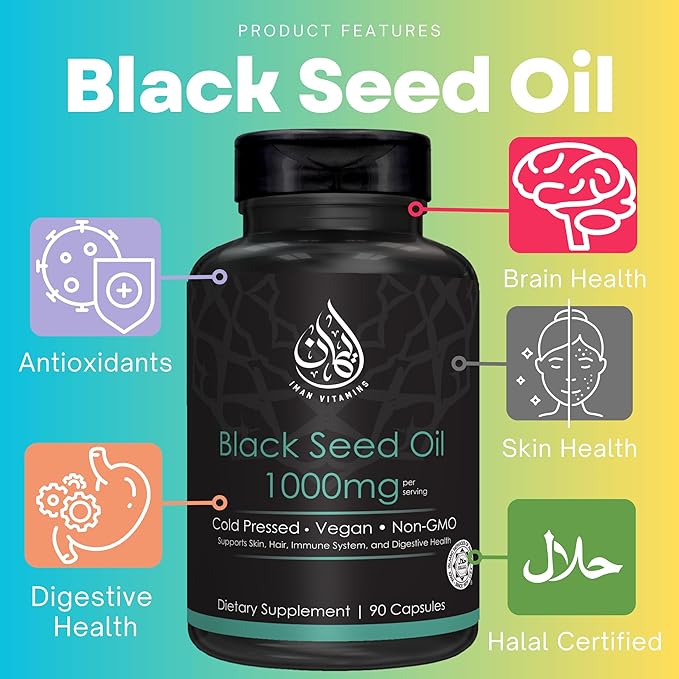 Halal Natural Black Seed Oil Capsules 1000mg Cold Pressed, Vegan, Non-GMO Nigella Sativa Capsules, Gluten Free Pills | 90 Count, 1000mg PS