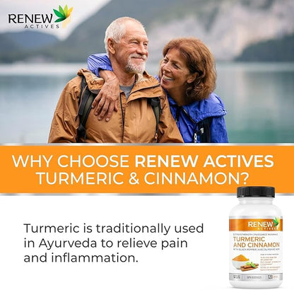 Renew Actives Organic Turmeric 474MG & Cinnamon 50MG per 2 Capsules – with Curcumin & BioPerine for Absorption – Supports Metabolism, Joint Health & Digestion – Made in Canada – 120 Capsules