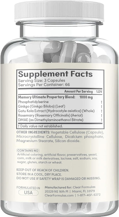 Phosphatidylserine Nootropics Brain Support Supplement - Advanced Memory Supplement for Brain Function Support with DMAE Gotu Kola and Ginkgo Biloba - Non-GMO Vegan & Made in The US (60+ Servings)