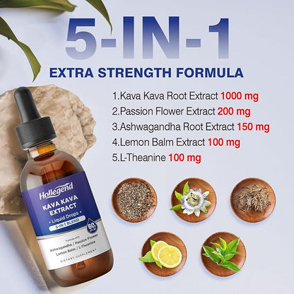 Kava Kava Root Extract Liquid Drops, 5 in 1 Blend with Ashwagandha, Lemon Balm, L-Theanine, Kava Tincture Supplement for Stress Relief, Sleep, Brain Health, 2 Fl Oz