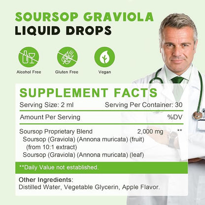Organic Soursop Graviola Bitters Liquid Drops, Soursop Extract Organic Pure Rich in Multivitamin for Natural Antioxidant, Cell Support & Regeneration, Immune Boost - 2 FL OZ