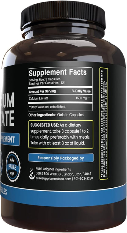 Pure Original Ingredients Calcium Lactate (365 Capsules) No Magnesium Or Rice Fillers, Always Pure, Lab Verified