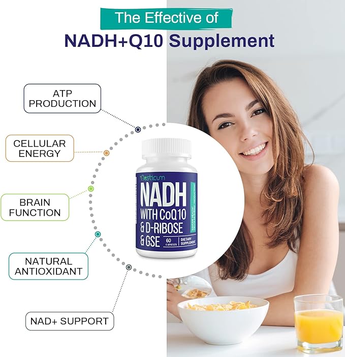 NADH 50mg + CoQ10 200mg + D-Ribose 150mg Supplement, Boosting NAD+ Supplements for Immune System, Cellular Energy, Focus, Reduced Nicotinamide Adenine Dinucleotide, 120 Veggie Capsules