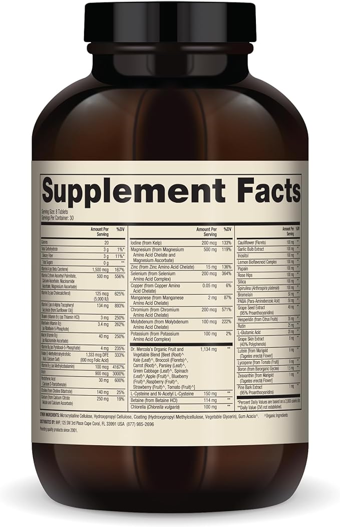Dr. Mercola Whole-Food Complex with Added Multivitamin Plus Vital Minerals, 30 Servings (240 Tablets), Dietary Supplement, Supports Overall Health