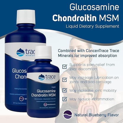 Trace Minerals Glucosamine/Chondroitin/MSM - Liquid Supplement Aids Body Mineral Health - Support for Bone Strength & Joint Health - Mobility Support Supplement - Natural Blueberry Flavor, 32 fl oz