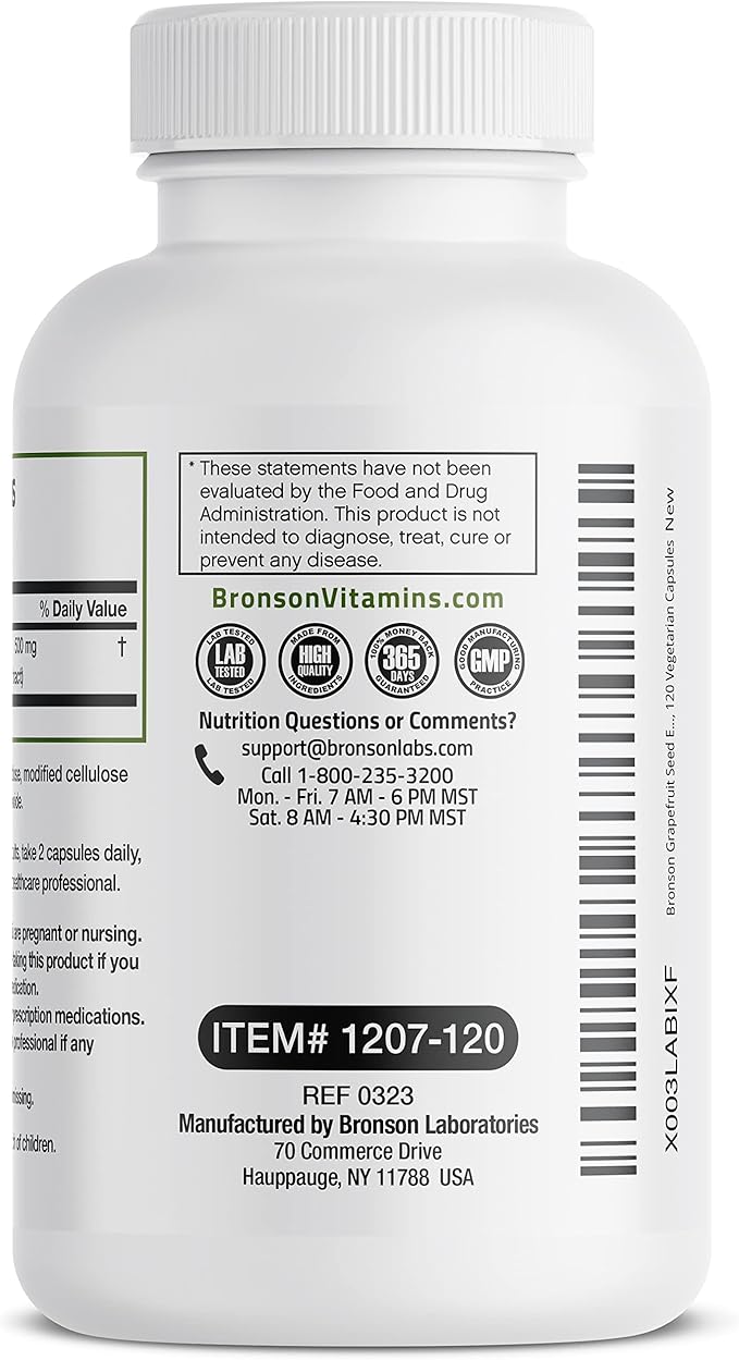 Bronson Grapefruit Seed Extract 500 MG per Serving Citrus Paradisi Supports Immune Health & Helps Maintain a Healthy Gastrointestinal Tract - Non-GMO, 120 Vegetarian Capsules