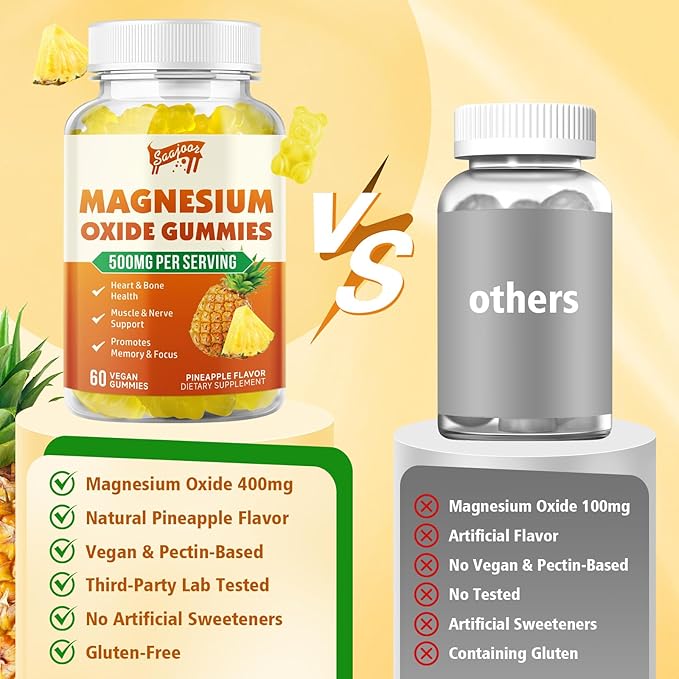 Magnesium Oxide 500mg Gummies for Adults & Kids, Supports Nerve Muscle & Bone Health, Vegan Non-GMO Dietary Supplement with Pineapple Flavor, 60 Gummies