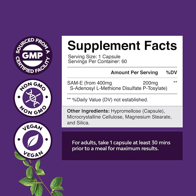 Sam-E 200mg Mood Support Supplement - S-Adenosyl Methionine Sam-E Supplement for Natural Relaxing Mood Boost Brain Support and Liver Detox Cleanse - Vegan Non-GMO and Gluten Free (120 Servings)