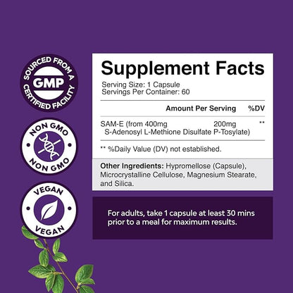 Sam-E 200mg Mood Support Supplement - S-Adenosyl Methionine Sam-E Supplement for Natural Relaxing Mood Boost Brain Support and Liver Detox Cleanse - Vegan Non-GMO and Gluten Free (120 Servings)