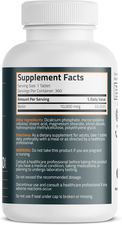 Bronson Biotin 10,000mcg, Supports Healthy Hair, Skin and Nails, Vegetarian, Non-GMO, 360 Tablets
