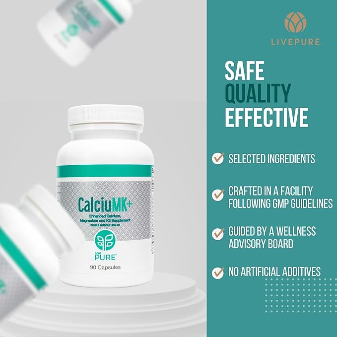 LivePURE CalciuMK+ Capsules | 90ct | Supports Bone Strength, Collagen Production & Joint Flexibility | Non-Dairy, Lactose-Free Calcium Supplement for Skeletal & Cartilage Health