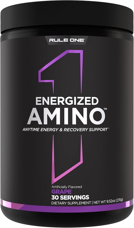 Rule 1 Energized Amino – Anytime Energy and Recovery Support with BCAAs, Glutamine, Citrulline, Beta Alanine, and Caffeine from Green Coffee & Tea Leaf Extracts (30 Servings, Grape)