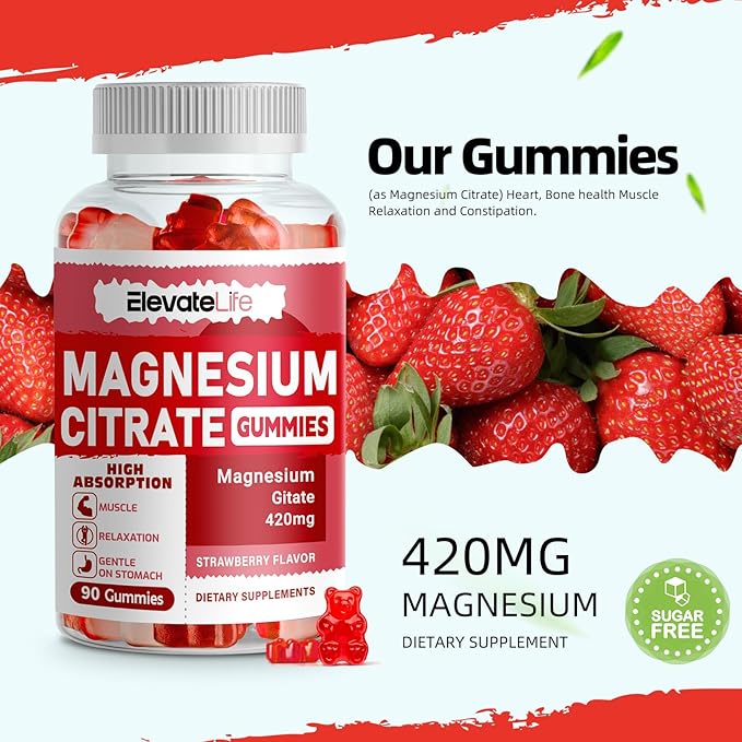 Magnesium Glycinate Gummies 1000mg - Sugar Free Magnesium Potassium Supplement with Vitamin D, B6, CoQ10 for Calm Mood & Sleep Support - 60 Strawberry Gummies