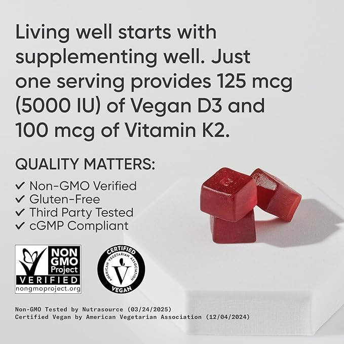 Sports Research® Vegan Vitamin D3 + K2 Gummies - 5000iu Vitamin D w/100mcg Mk7 Vitamin K for Bone & Immune Support - Vegan Certified · Non-GMO · Sugar Free - 60 Count Gummy