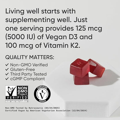 Sports Research® Vegan Vitamin D3 + K2 Gummies - 5000iu Vitamin D w/100mcg Mk7 Vitamin K for Bone & Immune Support - Vegan Certified · Non-GMO · Sugar Free - 60 Count Gummy