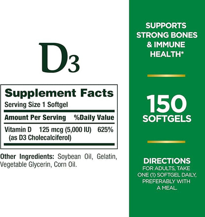 Nature's Bounty Vitamin D3, Immune and Bone Support, 5000IU, Rapid Release Softgels, 150 Ct (Pack of 2)