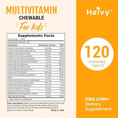 Toddlers Multivitamins, Kids Chewable Vitamin D3, C, Vitamin B12, B6, Vitamin A, E & Zinc for Immune Support and Health, 120 Chewable Tablets