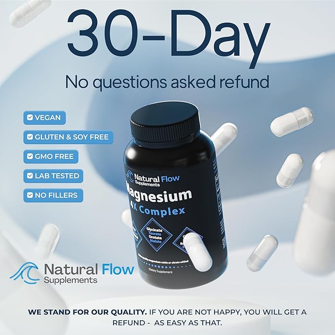 Natural Flow 4X Magnesium Supplement, Magnesium Glycinate, Taurate, Malate, Orotate Complex, Calm Sleep and Cramp Support Blend, No Mag Citrate or Oxide, 120 Capsules