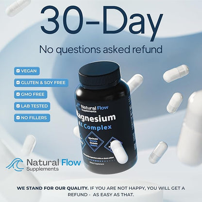 Natural Flow 4X Magnesium Supplement, Magnesium Glycinate, Taurate, Malate, Orotate Complex, Calm Sleep and Cramp Support Blend, No Mag Citrate or Oxide, 120 Capsules
