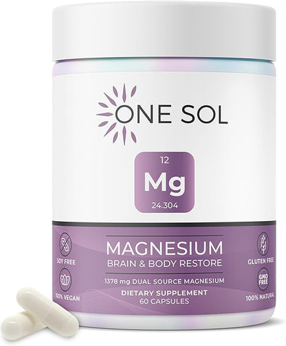 One Sol Magnesium, 1378 mg Dual Source Magnesium Bisglycinate for Sleep, Relaxation and Full Body Recovery | High Absorption | Vegan, Non-GMO, Gluten & Soy-Free | Made in USA, 60 Capsules