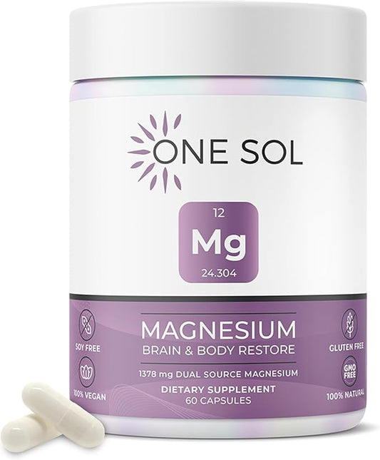 One Sol Magnesium, 1378 mg Dual Source Magnesium Bisglycinate for Sleep, Relaxation and Full Body Recovery | High Absorption | Vegan, Non-GMO, Gluten & Soy-Free | Made in USA, 60 Capsules