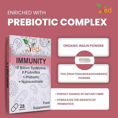 Ved Immunity Complex Probiotics and Prebiotics Complex - 10 Billion CFU - 20 Live Bacterial Cultures - 28 Probiotic Complex- Lactobacillus Plantarum, Casei.