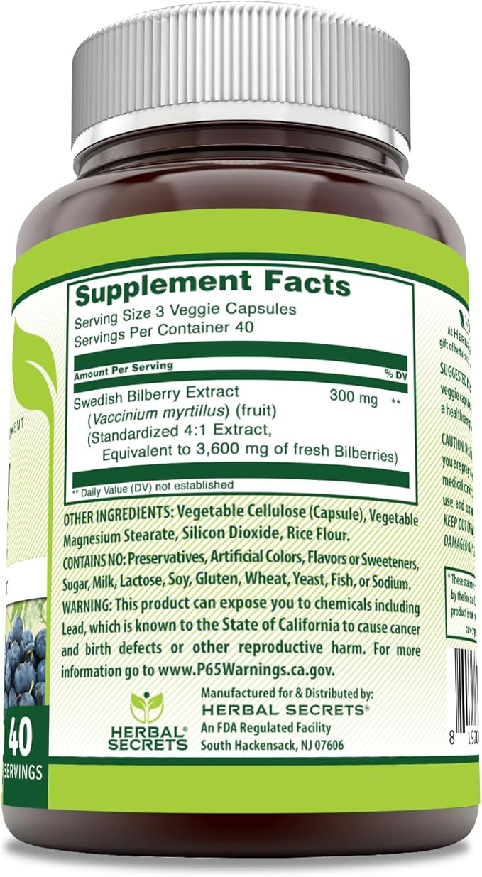 Herbal Secrets Bilberry Extract 300 Mg | 4:1 Extract (3600 mg Equivalent) | Veggie Capsules | Non-GMO | Gluten-Free | Made in USA (120 Count)