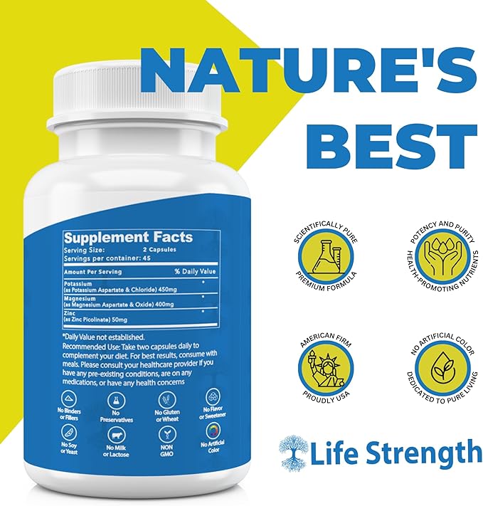 Life Strength Magnesium Potassium Supplements + Zinc 90 Capsules for Vascular Health – High Absorption Vegan, Natural ingredients Supplement for Leg Cramps and Sleep