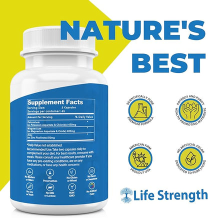 Life Strength Magnesium Potassium Supplements + Zinc 90 Capsules for Vascular Health – High Absorption Vegan, Natural ingredients Supplement for Leg Cramps and Sleep