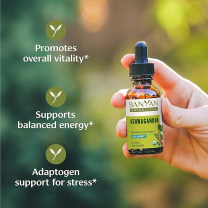 Banyan Botanicals Organic Ashwagandha Liquid Extract – Fast-Acting Herbal Ashwagandha Drops ­­– for Balanced Energy and Calm* – 1 fl oz – Non GMO Sustainably Sourced Vegan