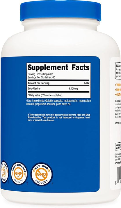 Nutricost Beta-Alanine Capsules 3400mg, 240 Caps (2 Pack) - Potent Beta Alanine, Gluten Free & Non-GMO, 850mg Per Cap, 60 Serv Per Bottle