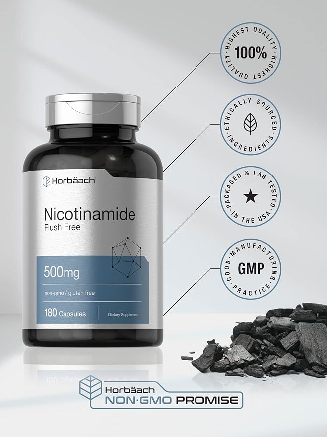 Horbäach Nicotinamide 500mg | 180 Capsules | Flush Free Dietary Supplement | Non-GMO and Gluten Free Vitamin