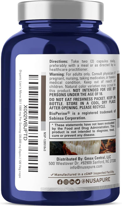 NusaPure Lions Mane 20:1 Extract (20,000 mg Equivalent) - Made with Organic Lion`s Mane, Bioperine - 30% Polysaccharides - 120 Veggie Caps. Non-GMO, Gluten Free