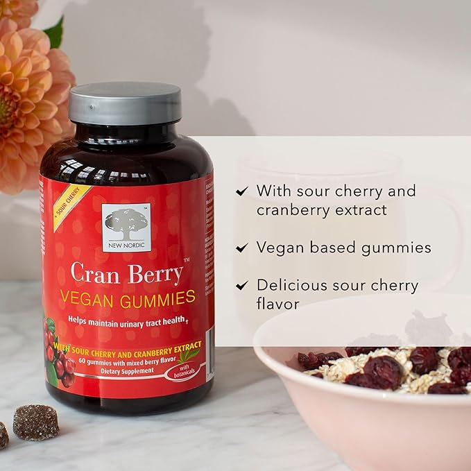 NEW NORDIC Cranberry Supplement Gummies for Women, Normal Urinary Tract & Bladder Support, Balance with Cran Berry & Sour Cherry, 60 Count