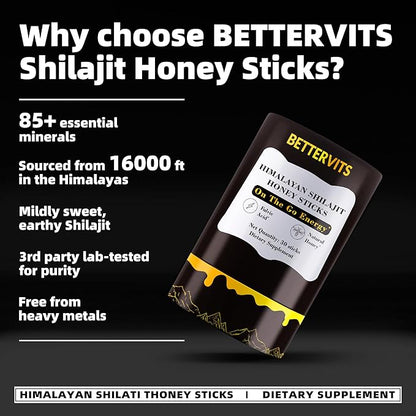 Shilajit Honey Sticks- 30 Sticks Himalayan Shilajit Honey Sticks Organic Honey & Saffron for Energy,Strength & Cognitive Support for Men & Women