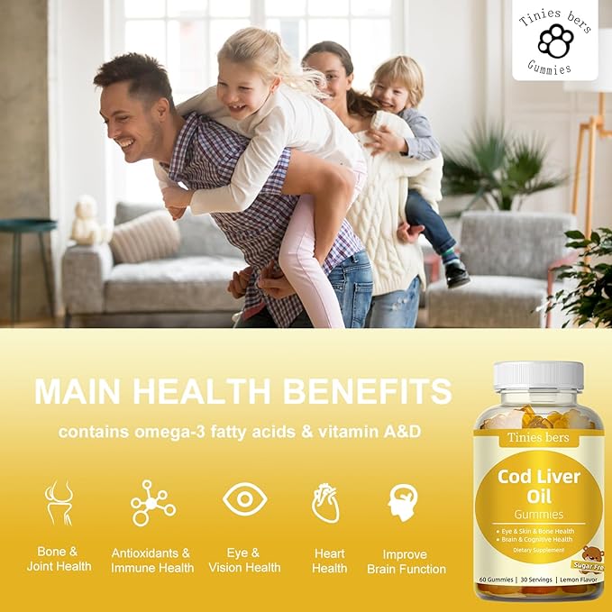 Cod Liver Oil Gummies 1000mg, Sugar Free for Adults & Kids, Omega-3s & Vitamin A&D for Brain, Cognitive, Heart & Eye, Bone Health, Gluten Free, Non GMO, Pectin, 60