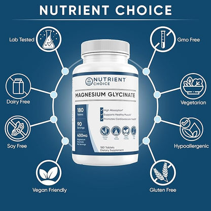 400 mg Magnesium Glycinate 180 Tablets Non Buffered High Absorption Non-GMO Promotes Cardiovascular Health Supplement for Stress Relief, Sleep, Heart Health, Ease Muscles, Calm Headaches, Nerves