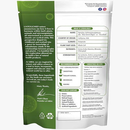 MRM Nutrition Spirulina Powder | Superfood | Complete Plant Protein | Gluten-Free + Vegan | 40 Servings | 8.5 Ounce