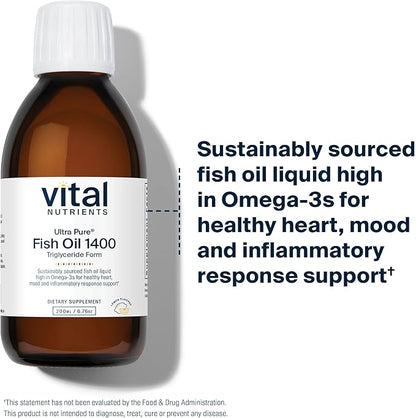 Vital Nutrients - Ultra Pure Fish Oil 1400 (Pharmaceutical Grade) - Deep Sea Liquid Fish Oil, Cardiovascular Support, Natural Lemon Flavor - 200 ml per Bottle
